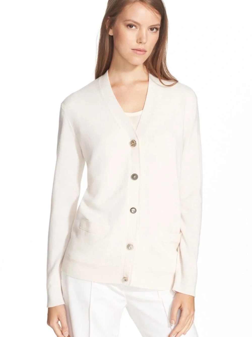 NEW TORY BURCH Merino Wool Jeweled CRYSTALS Button Cardigan Sweater Ivory XS